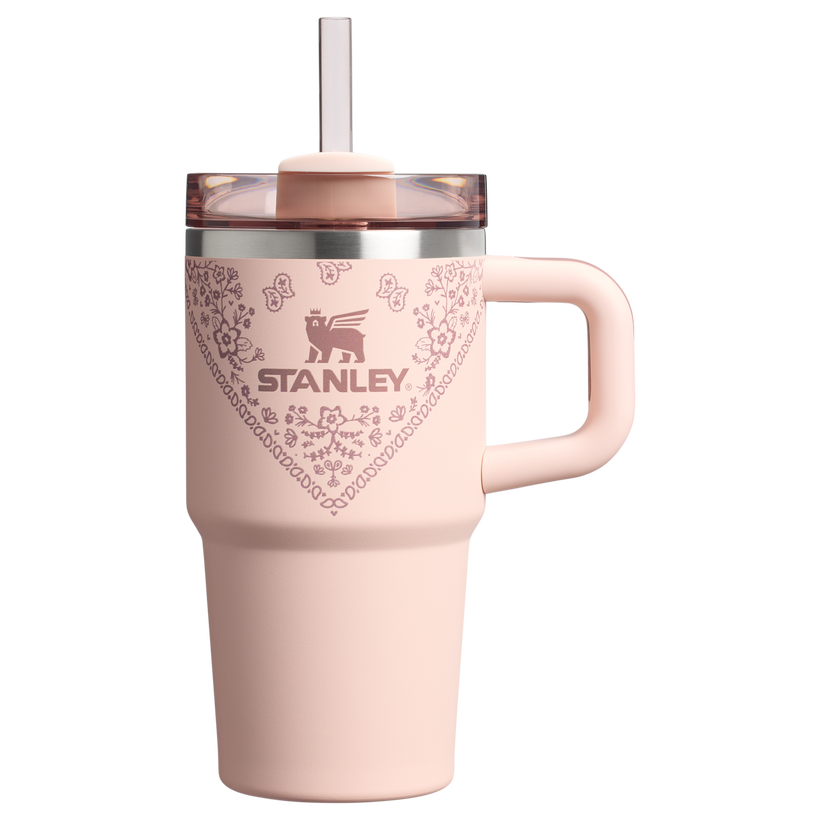Stanley 20 OZ Stainless Steel Tumbler With Straw And Handle In Conch Floral Pink - Desk Ready
